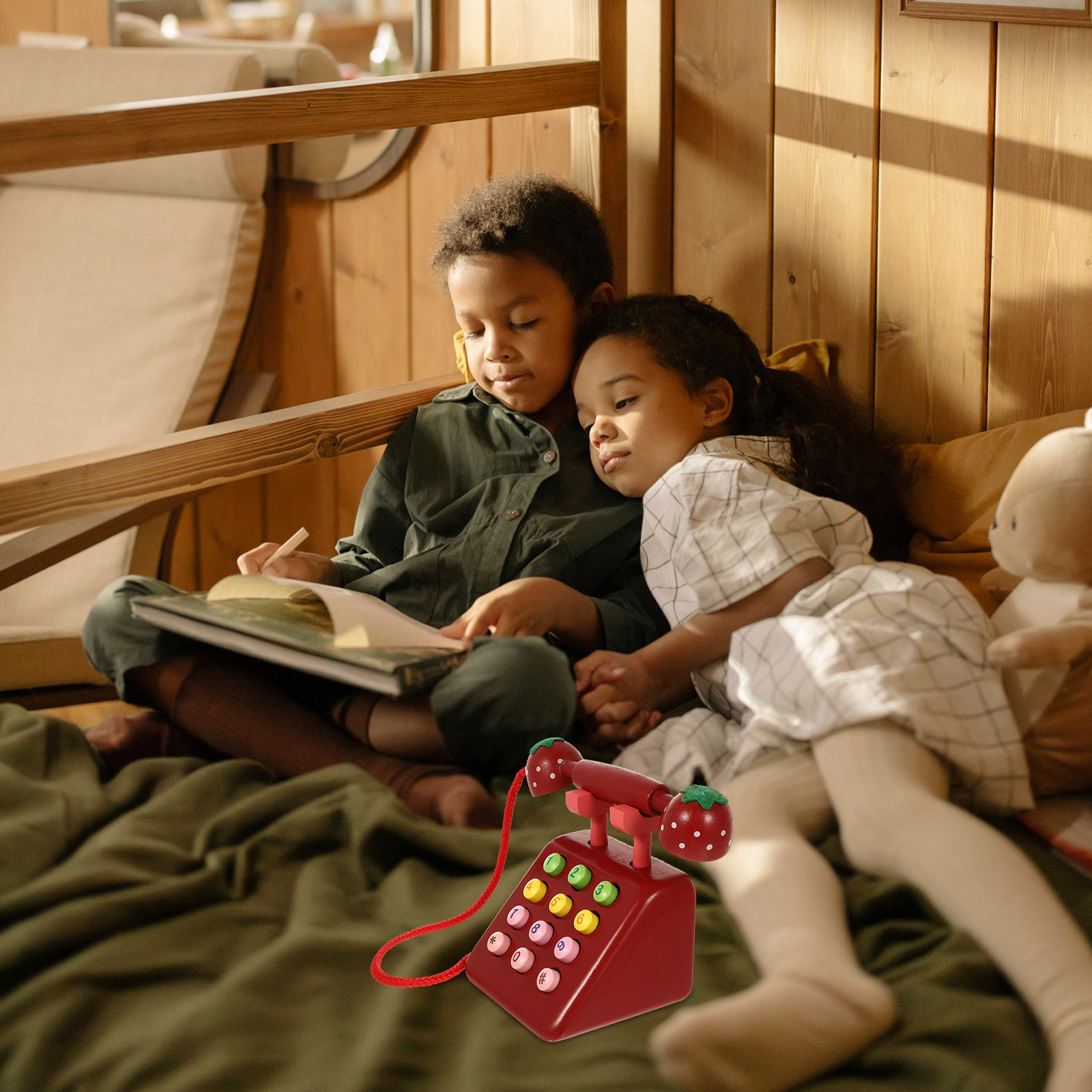 Kids Education Phone - โทรศัพท์ไม้จำลองสไตล์วินเทจ ของเล่นสวมบทบาทสำหรับเด็ก โทรศัพท์การ์ตูน ของเล่นเสริมพัฒนาการสำหรับเด็ก