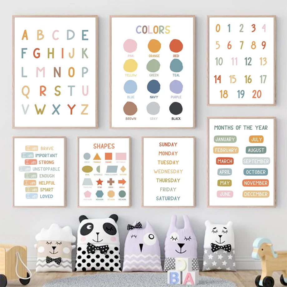 Kids Education Picture - โปสเตอร์การศึกษาภาษาอังกฤษ ตัวอักษร ตัวเลข สี รูปทรง ภาพพิมพ์ศิลปะติดผนัง