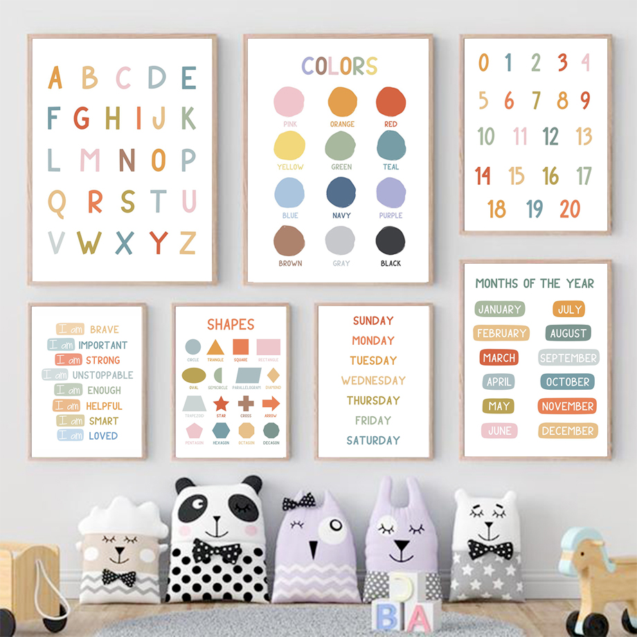 Kids Education Picture - โปสเตอร์การศึกษาภาษาอังกฤษ ตัวอักษร ตัวเลข สี รูปทรง ภาพพิมพ์ศิลปะติดผนัง